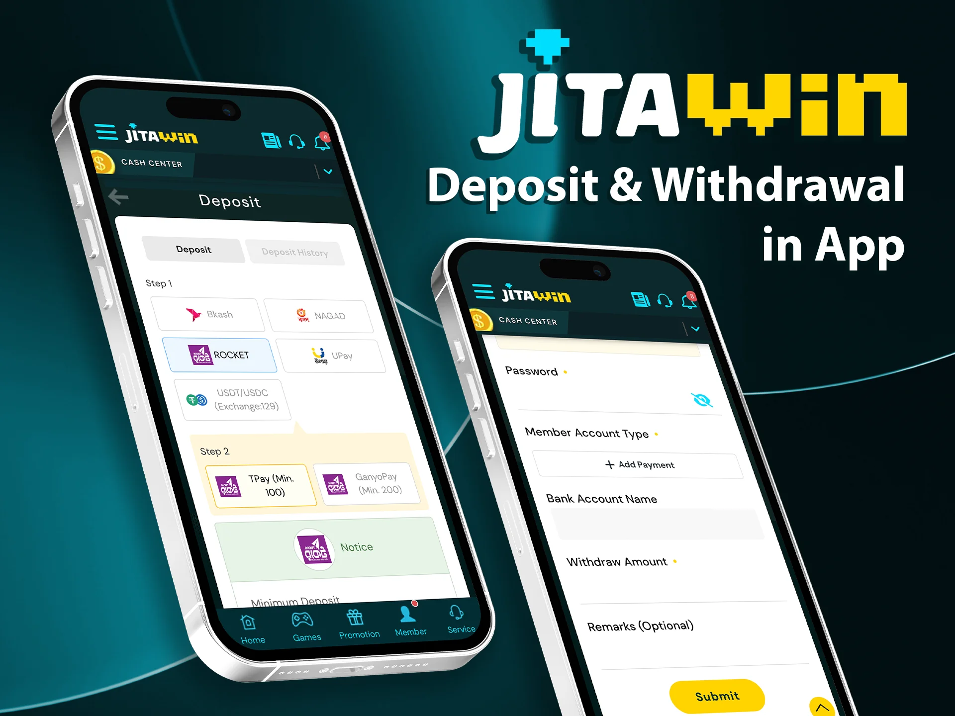 Manage deposits and withdrawals on the JitaWin app with ease.